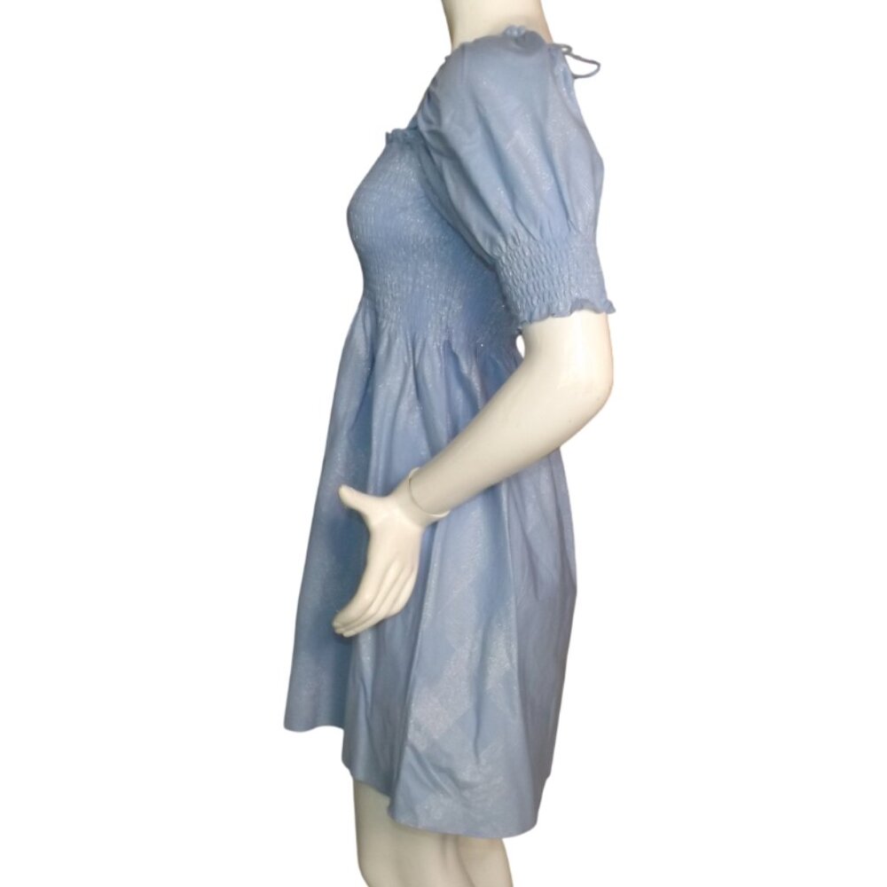 HILL HOUSE Mini Dress, S, Athena Nap, Powder Blue/Silver check, Smocking A-line - Picture 8 of 13